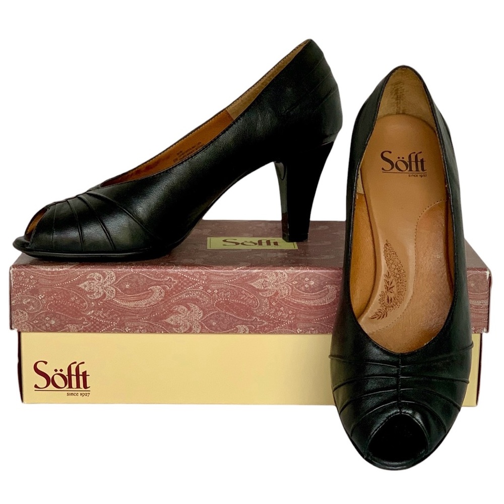 Sofft Gilda Black Leather Comfort Peep Toe Heels Women’s Size 9W